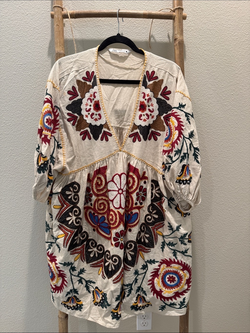 Zara Embroidered Boho Tunic Dress - Cream with Multicolor Floral Embroidery